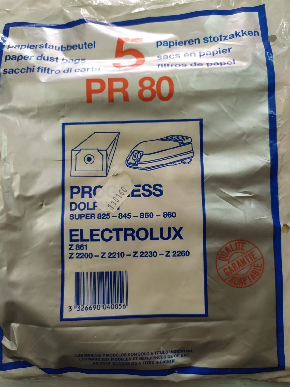 BOLSA ASPIRADOR ELECTROLUX, Z861, Z2200, PROGRESS, PAQUETE 5 BOLSAS, RECAMBIO ALTERNATIVO,  110160 - Imagen 1