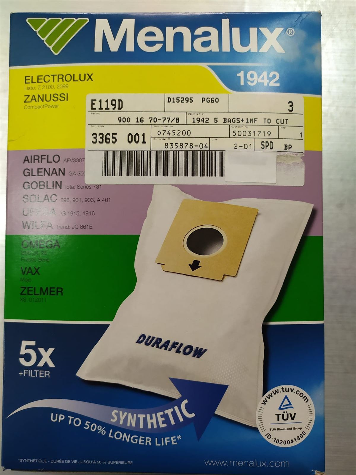 BOLSA ASPIRADOR ELECTROLUX, ZANUSSI, PAQUETE 5 BOLSAS+FILTRO MOTOR, RECAMBIO ORIGINAL, 1942,  9001670778 - Imagen 1
