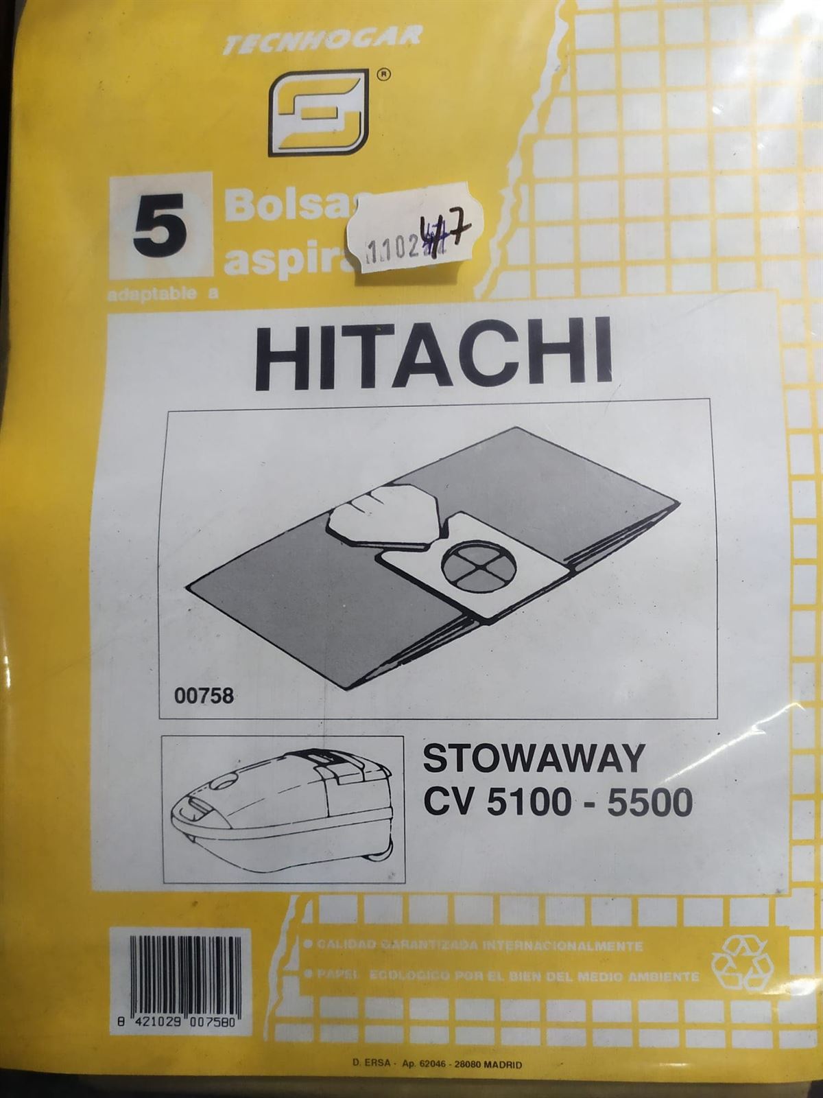 BOLSA ASPIRADOR HITACHI, PAQUETE 5 BOLSAS PAPEL, RECAMBIO ALTERNATIVO, KIT 2 PAQUETES,  110247 - Imagen 1