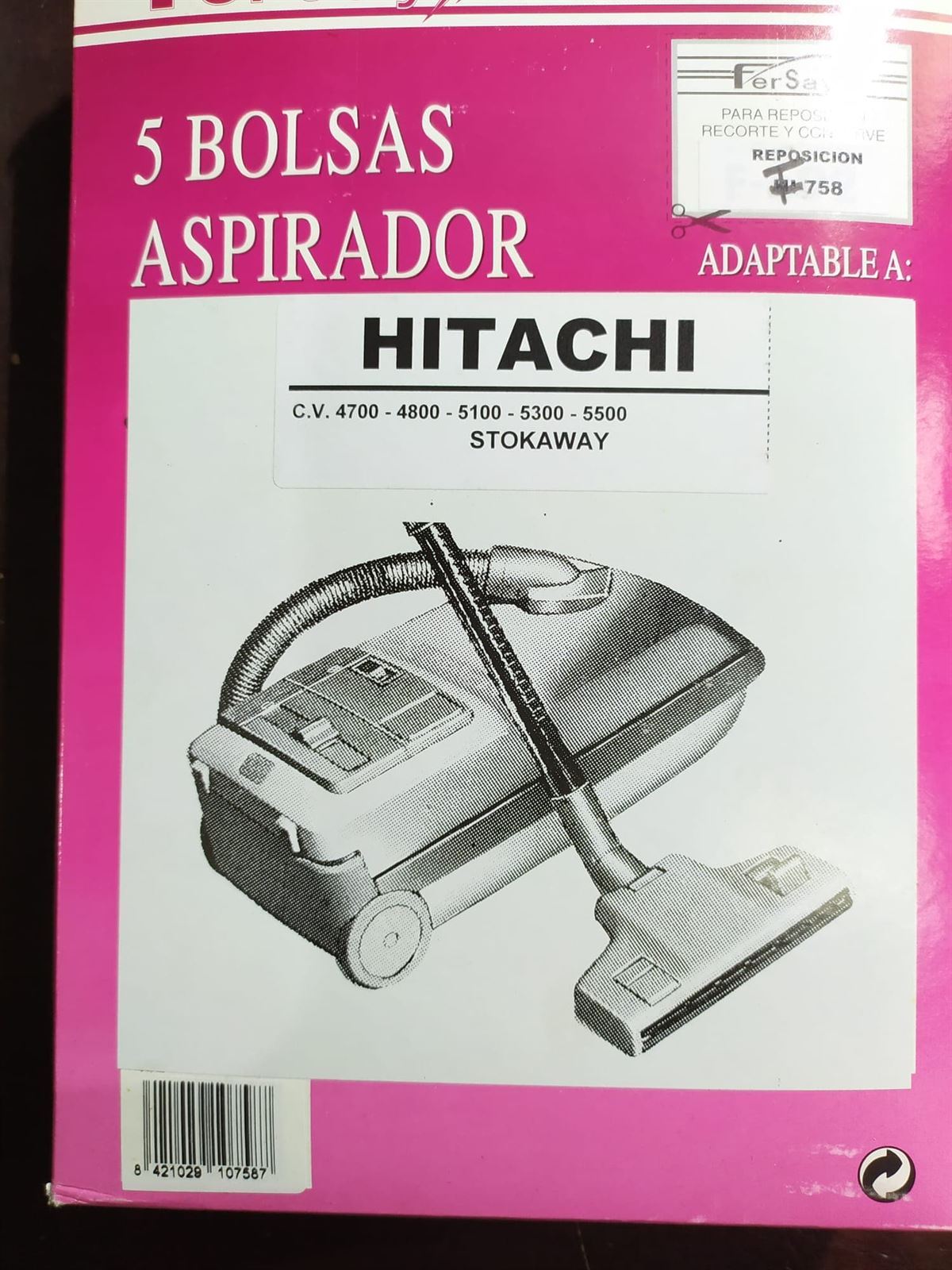 BOLSA ASPIRADOR HITACHI, PAQUETE 5 BOLSAS PAPEL, VER FOTO MODELOS, F-758 - Imagen 1