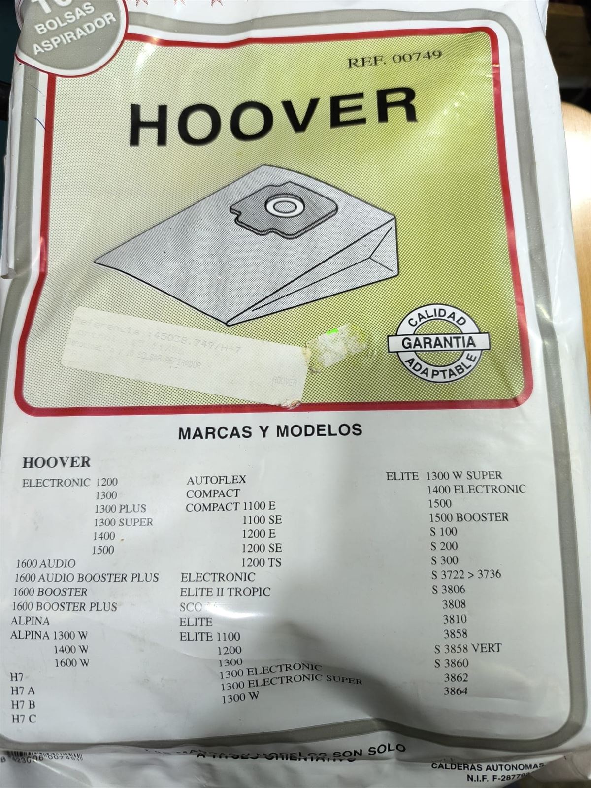 BOLSA ASPIRADOR HOOVER, CAJA 10 BOLSAS PAPEL, CARTON 120/108MM, DIAMETRO 59MM, 749 - Imagen 1