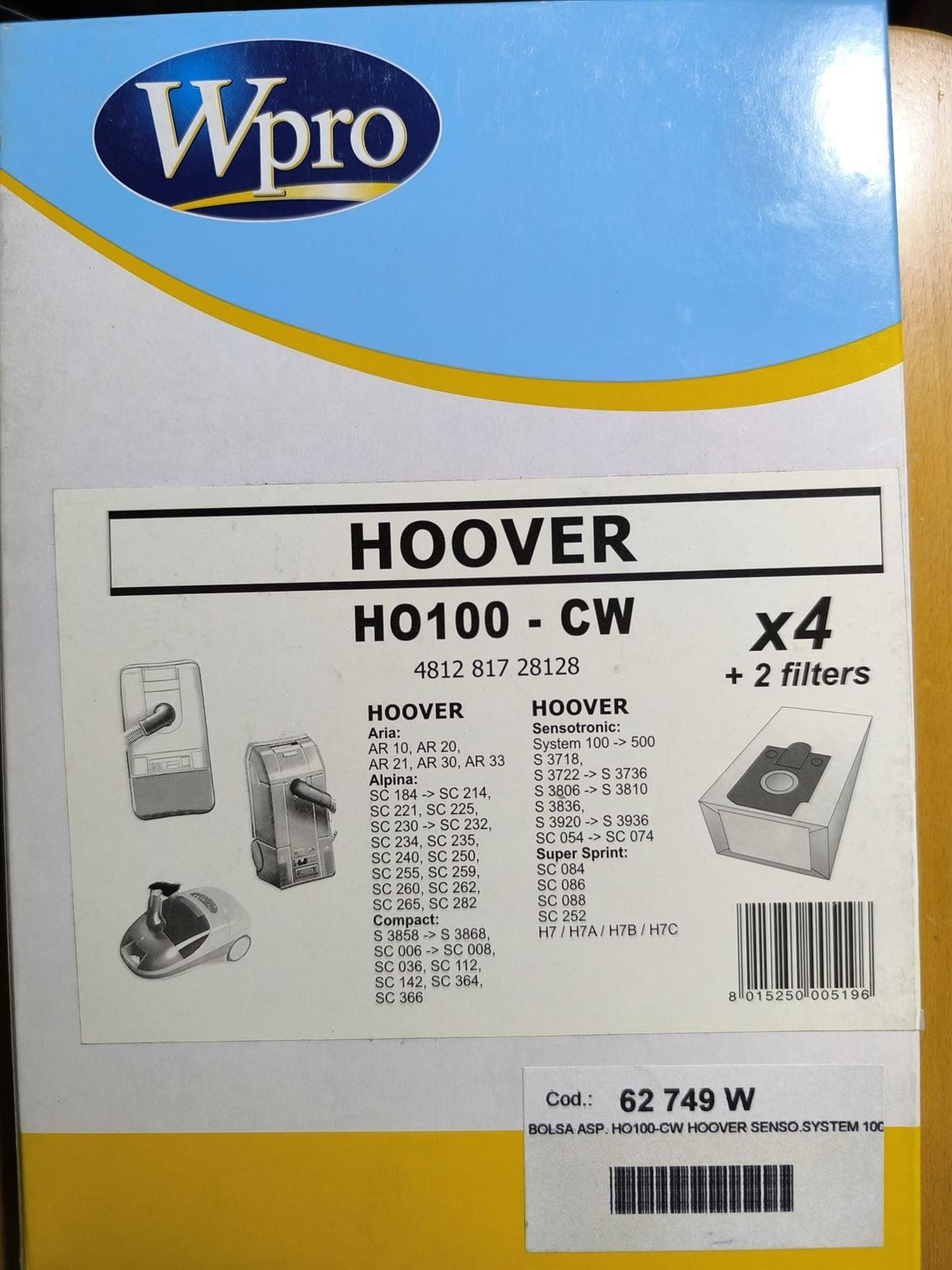 BOLSA ASPIRADOR HOOVER, CAJA 4 BOLSAS+2FILTROS, VER FOTO MODELOS COMPATIBLES, 62749W - Imagen 1