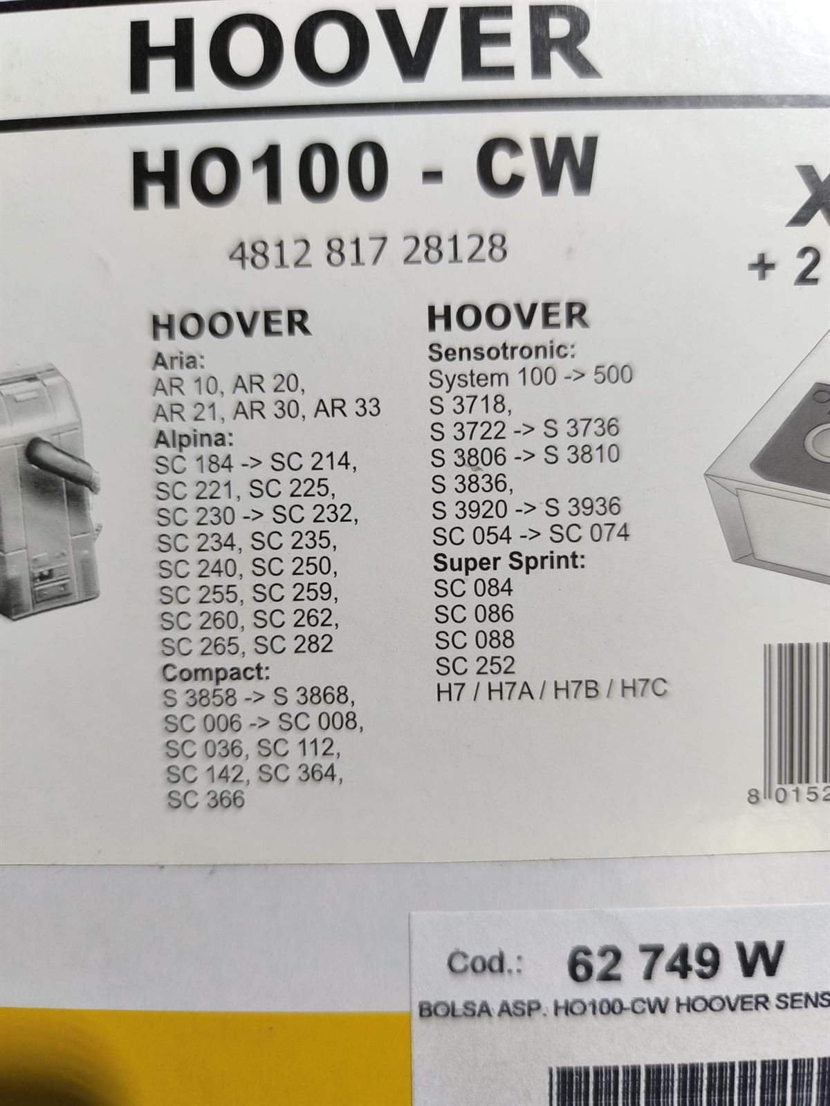 BOLSA ASPIRADOR HOOVER, CAJA 4 BOLSAS+2FILTROS, VER FOTO MODELOS COMPATIBLES, 62749W - Imagen 2