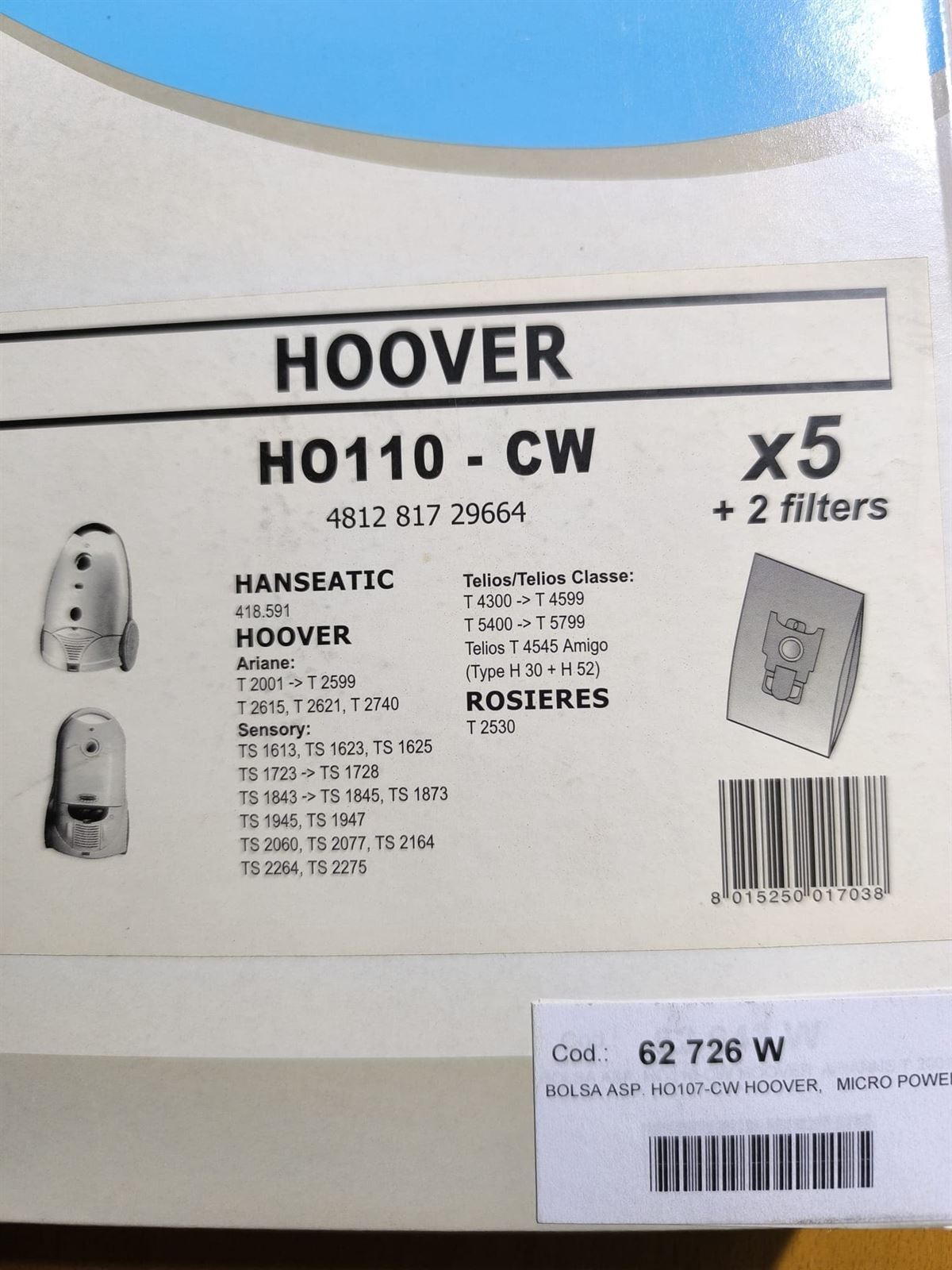 BOLSA ASPIRADOR HOOVER, CAJA 5 BOLSAS +2 FILTROS, VER FOTO MODELOS COMPATIBLES, HO110-CW - Imagen 1
