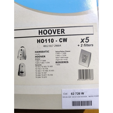 BOLSA ASPIRADOR HOOVER, CAJA 5 BOLSAS +2 FILTROS, VER FOTO MODELOS COMPATIBLES, HO110-CW - Imagen 1