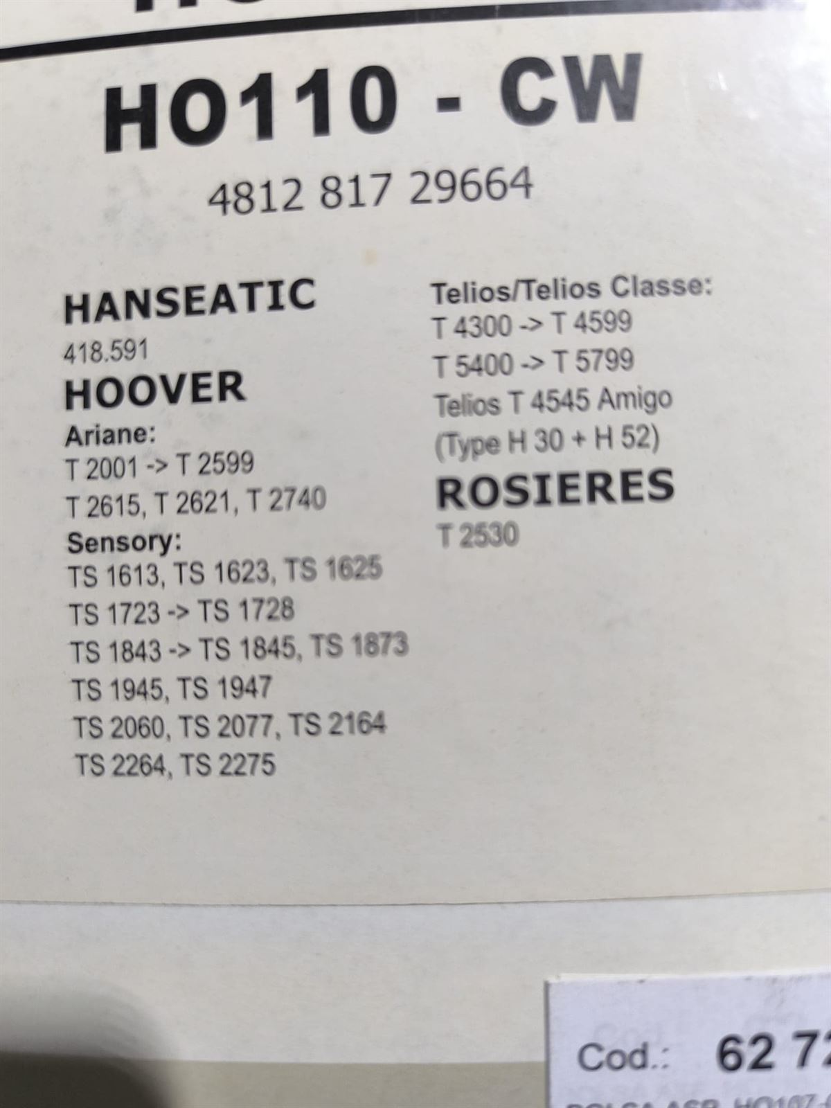 BOLSA ASPIRADOR HOOVER, CAJA 5 BOLSAS +2 FILTROS, VER FOTO MODELOS COMPATIBLES, HO110-CW - Imagen 2
