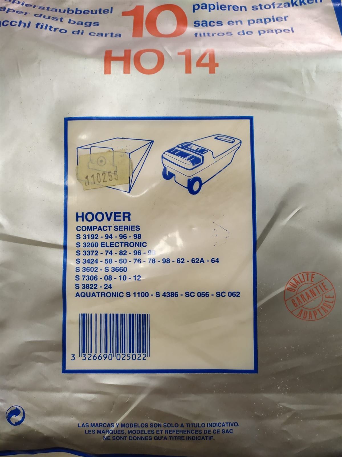 BOLSA ASPIRADOR HOOVER COMPACT, VER FOTO MODELOS, CAJA 10 BOLSAS PAPEL, RECAMBIO ALTERNATIVO,   110255 - Imagen 1