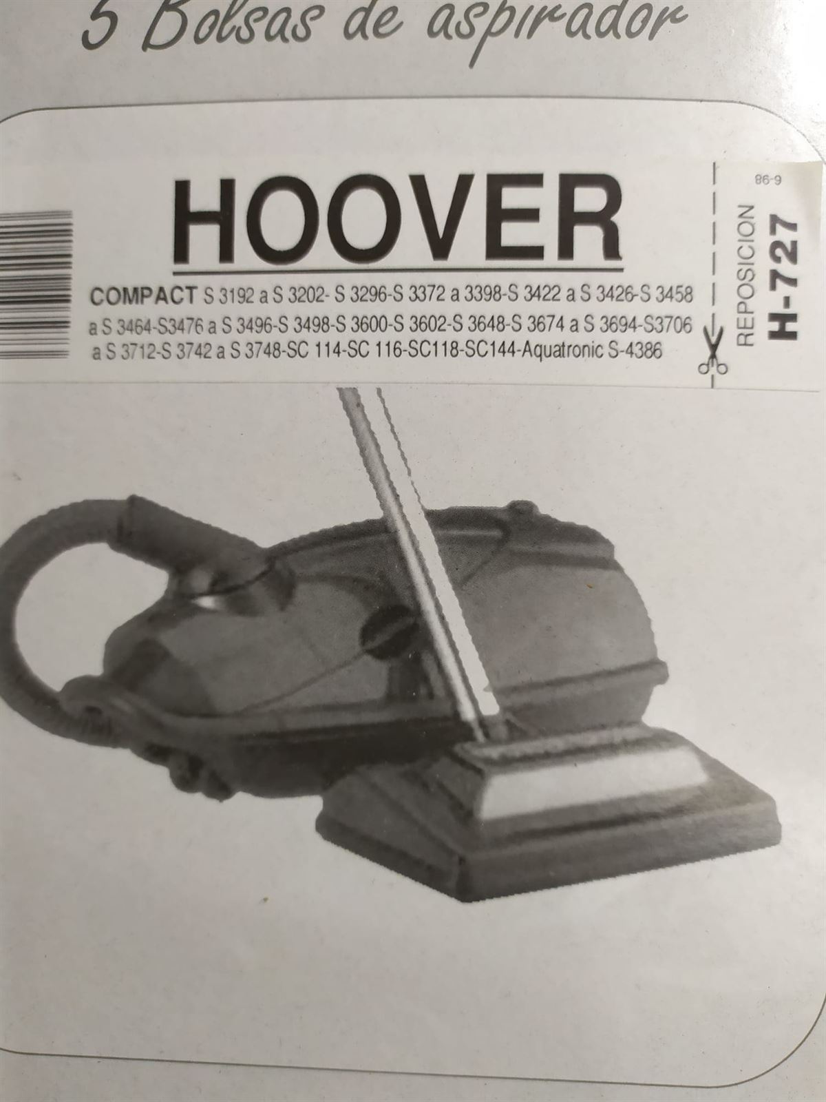 BOLSA ASPIRADOR HOOVER COMPACT, VER FOTO MODELOS, CAJA 5 BOLSAS PAPEL, F-727 - Imagen 1