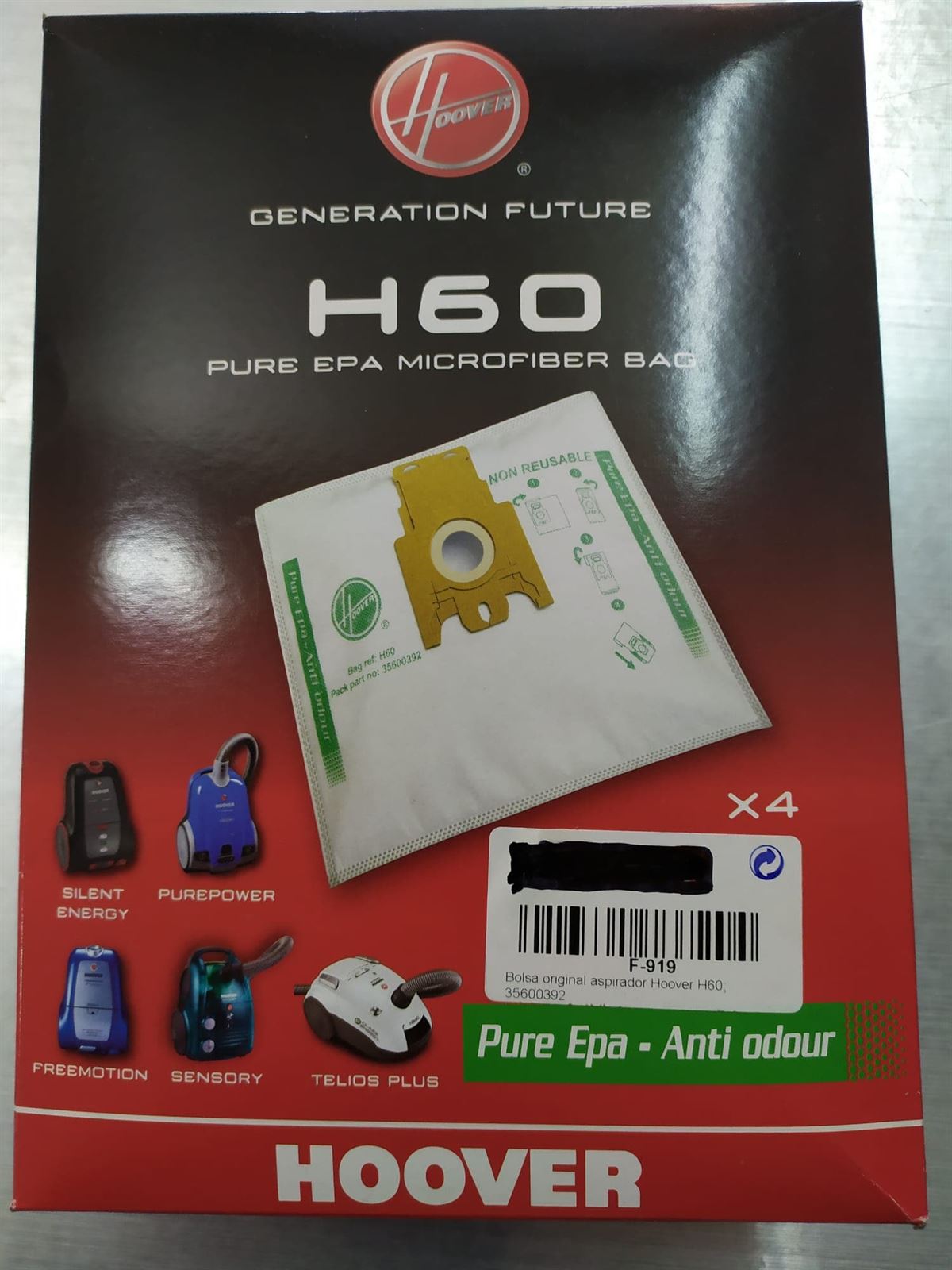 BOLSA ASPIRADOR HOOVER H60, CAJA 4 BOLSAS, RECAMBIO ORIGINAL,  F919, 35600392 - Imagen 3