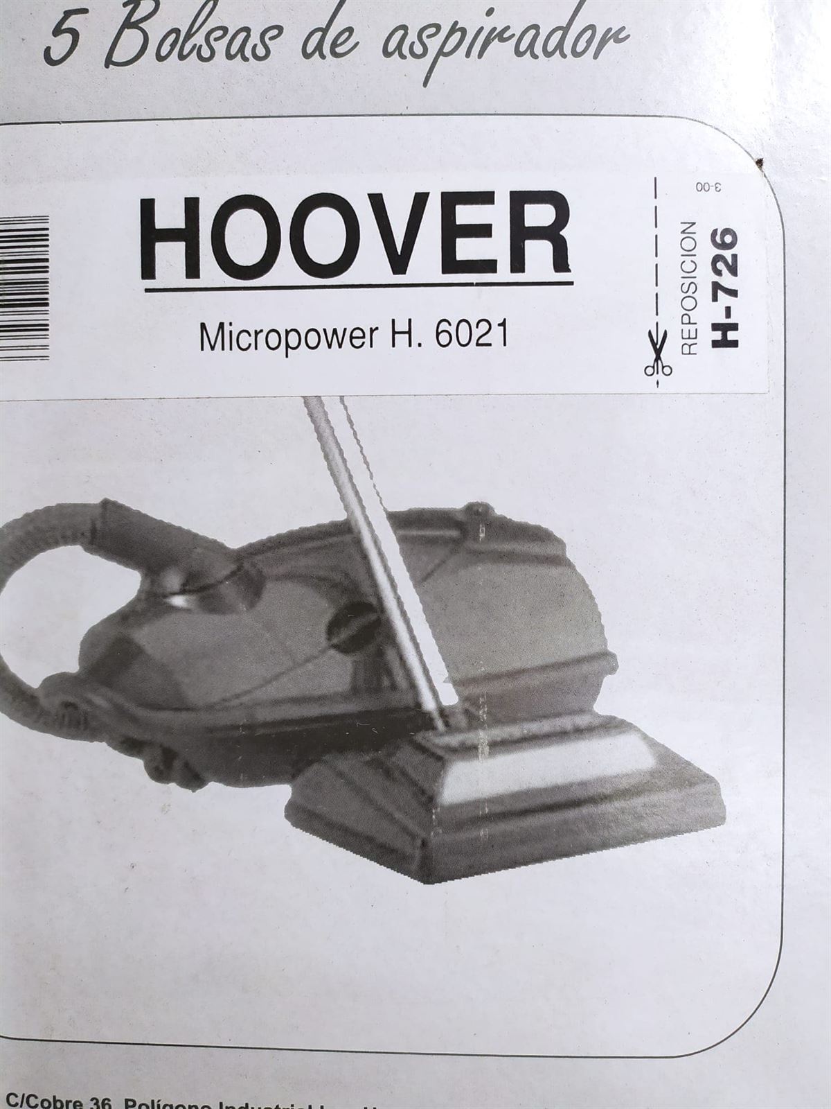 BOLSA ASPIRADOR HOOVER, MICROPOWER H6021, CAJA 5 BOLSAS PAPEL, KIT 2 CAJAS, F-726 - Imagen 1