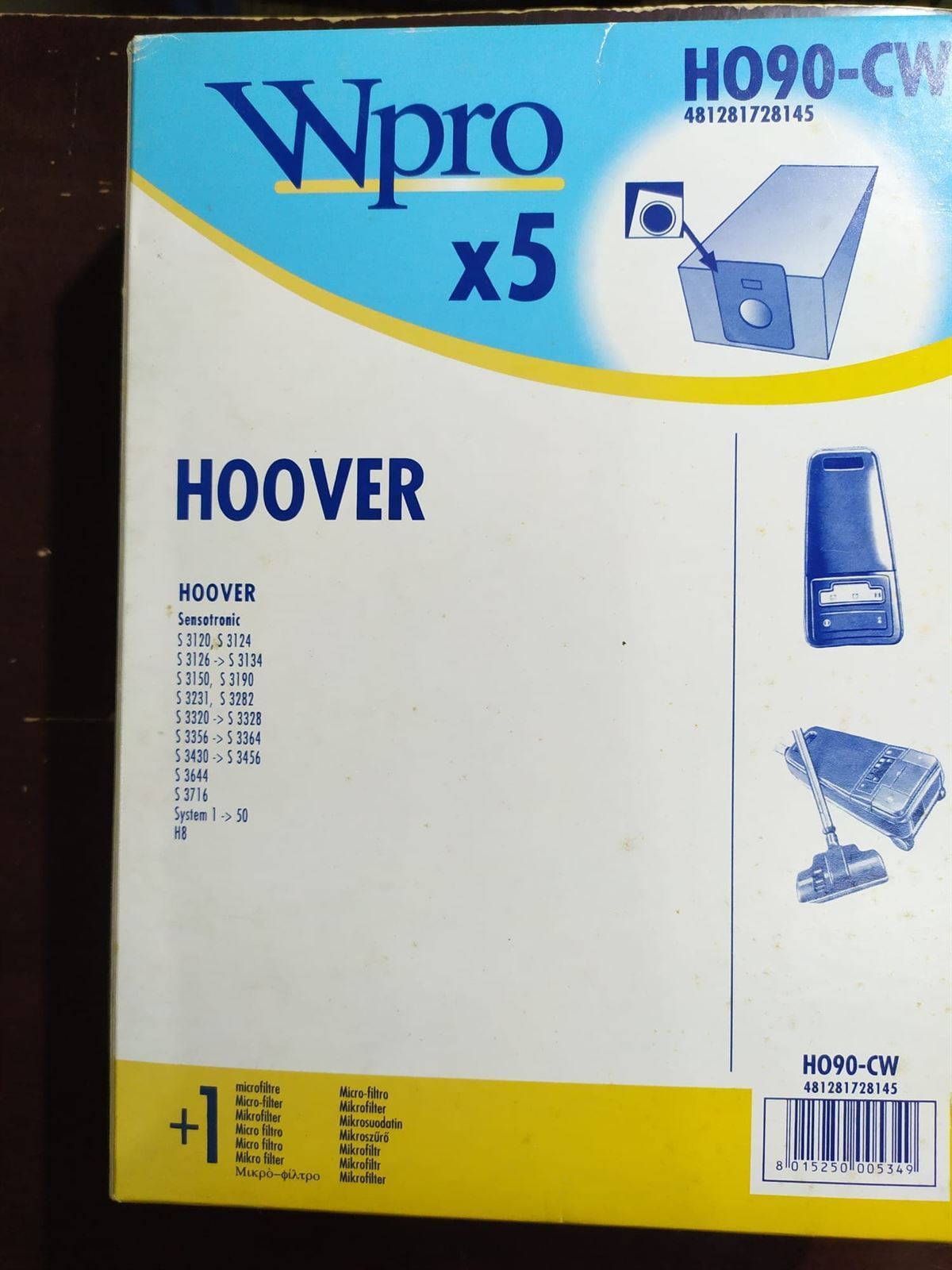BOLSA ASPIRADOR HOOVER, SENSOTRONIC, CAJA 5 BOLSAS PAPEL+1FILTRO, RECAMBIO ALTERNATIVO,   HO90-CW - Imagen 1