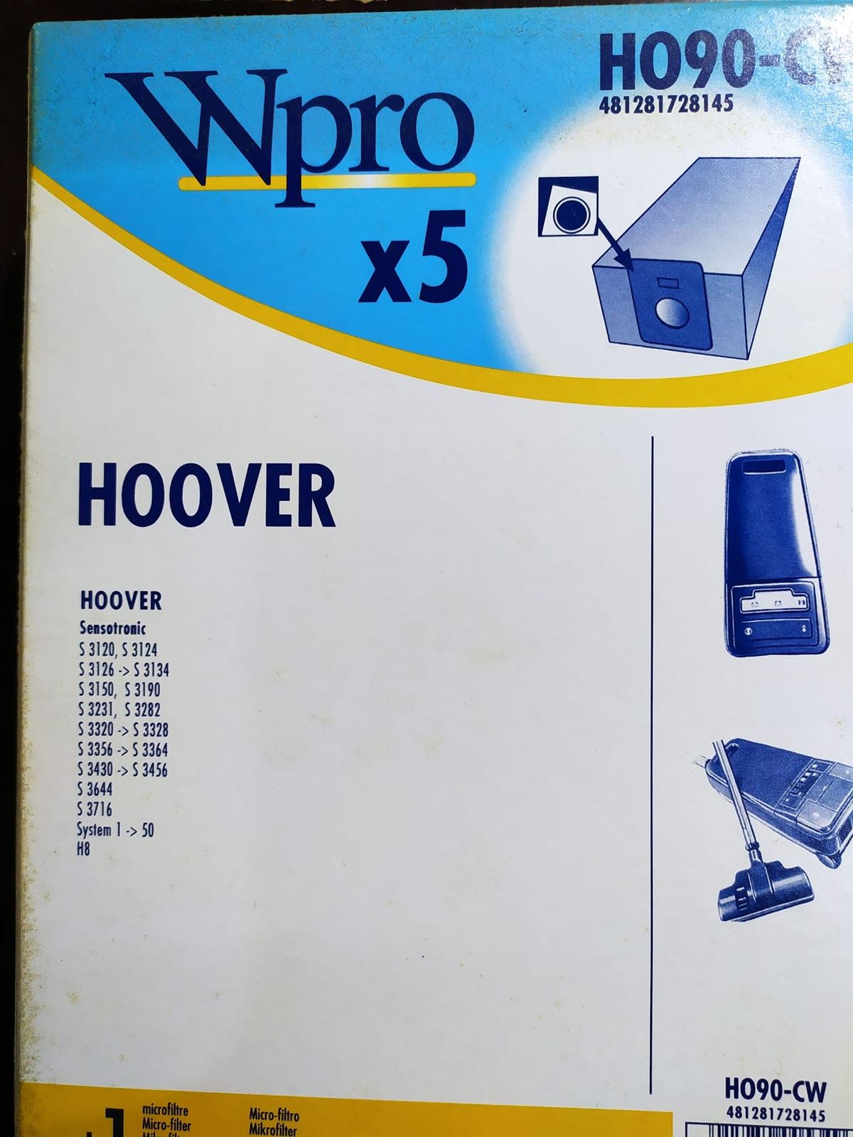 BOLSA ASPIRADOR HOOVER, SENSOTRONIC, CAJA 5 BOLSAS PAPEL+1FILTRO, RECAMBIO ALTERNATIVO, KIT 2 CAJAS,  HO90-CW - Imagen 1