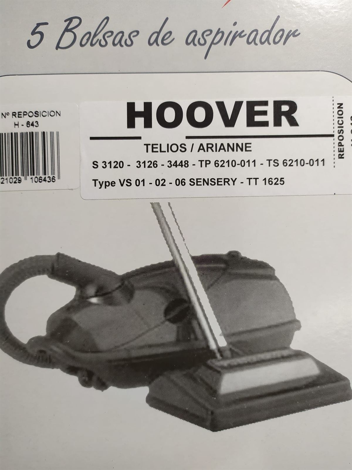 BOLSA ASPIRADOR HOOVER TELIOS, ARIANNE, VER FOTO MODELOS, CAJA 5 BOLSAS PAPEL, F-643 - Imagen 1