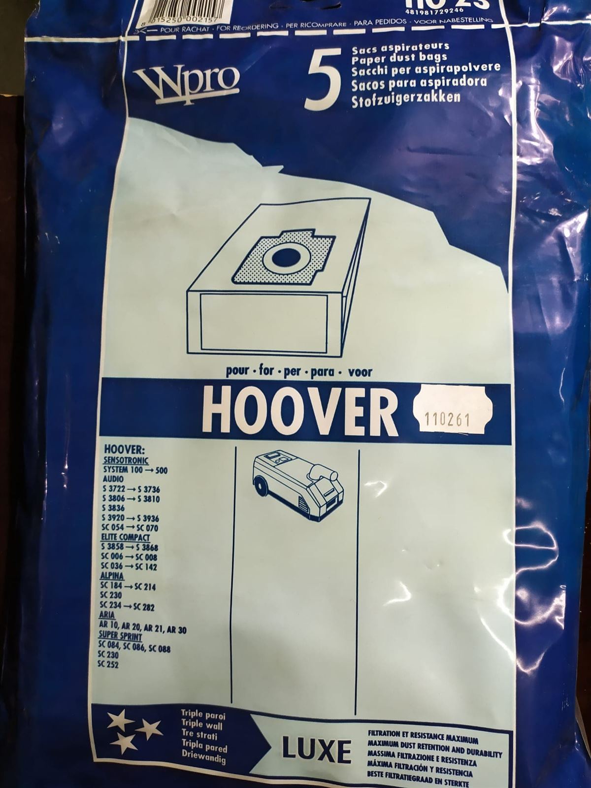 BOLSA ASPIRADOR HOOVER, VER FOTO MODELOS, CAJA 5 BOLSAS PAPEL, RECAMBIO ALTERNATIVO, 110261, 481981729246 - Imagen 1