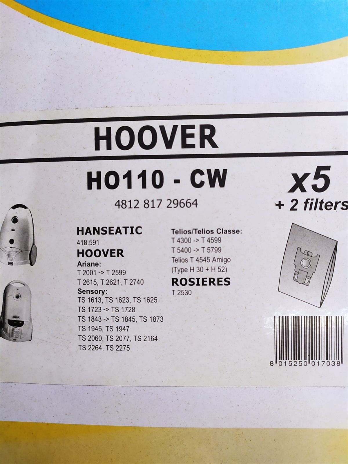 BOLSA ASPIRADOR HOOVER, VER FOTO MODELOS MARCAS, CAJA 5 BOLSAS PAPEL+2 FILTROS, RECAMBIO ALTERNATIVO,  HO110-CW - Imagen 1
