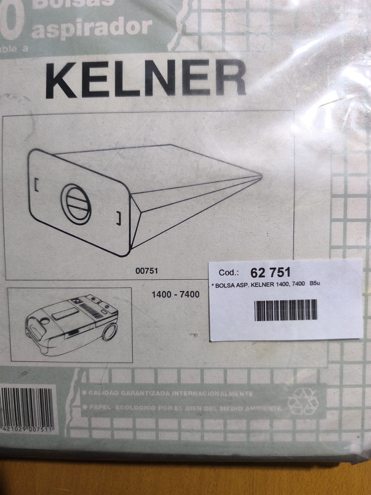 BOLSA ASPIRADOR KELNER,1400,7400, CAJA 10 BOLSAS PAPEL. CARTON 200/120MM,    62751 - Imagen 1