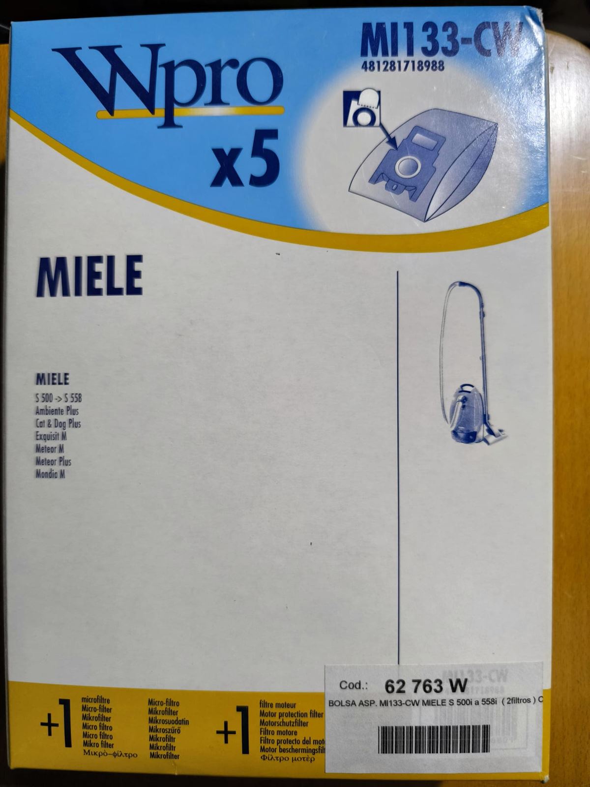 BOLSA ASPIRADOR MIELE, CAJA 5 BOLSAS, MI133-CW - Imagen 2