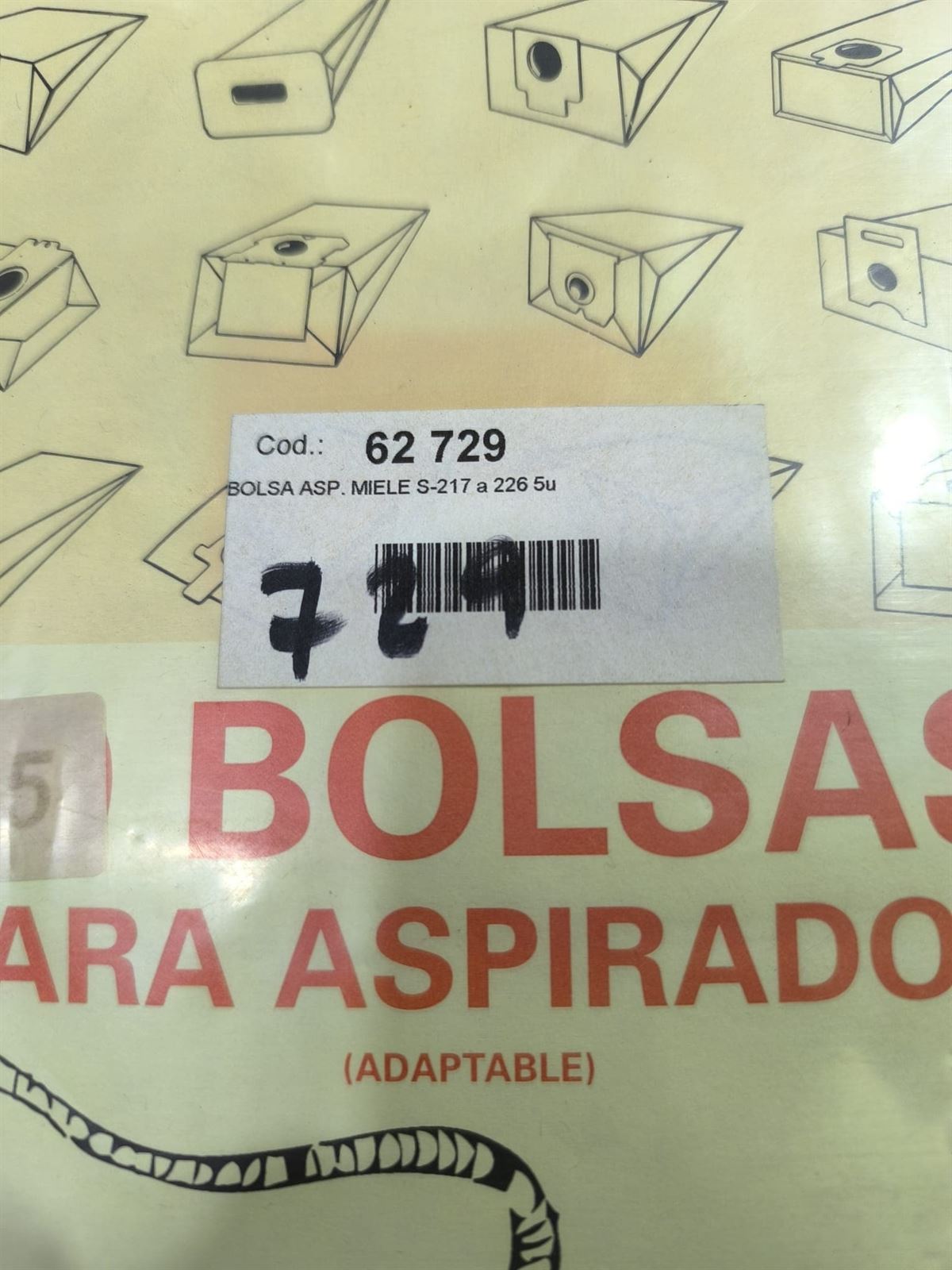 BOLSA ASPIRADOR MIELE, CAJA 5 BOLSAS PAPEL+2FLTROS, CARTON 93MM, DIAMETRO 44, RECAMBIO ALTERNATIVO, 62729 - Imagen 1
