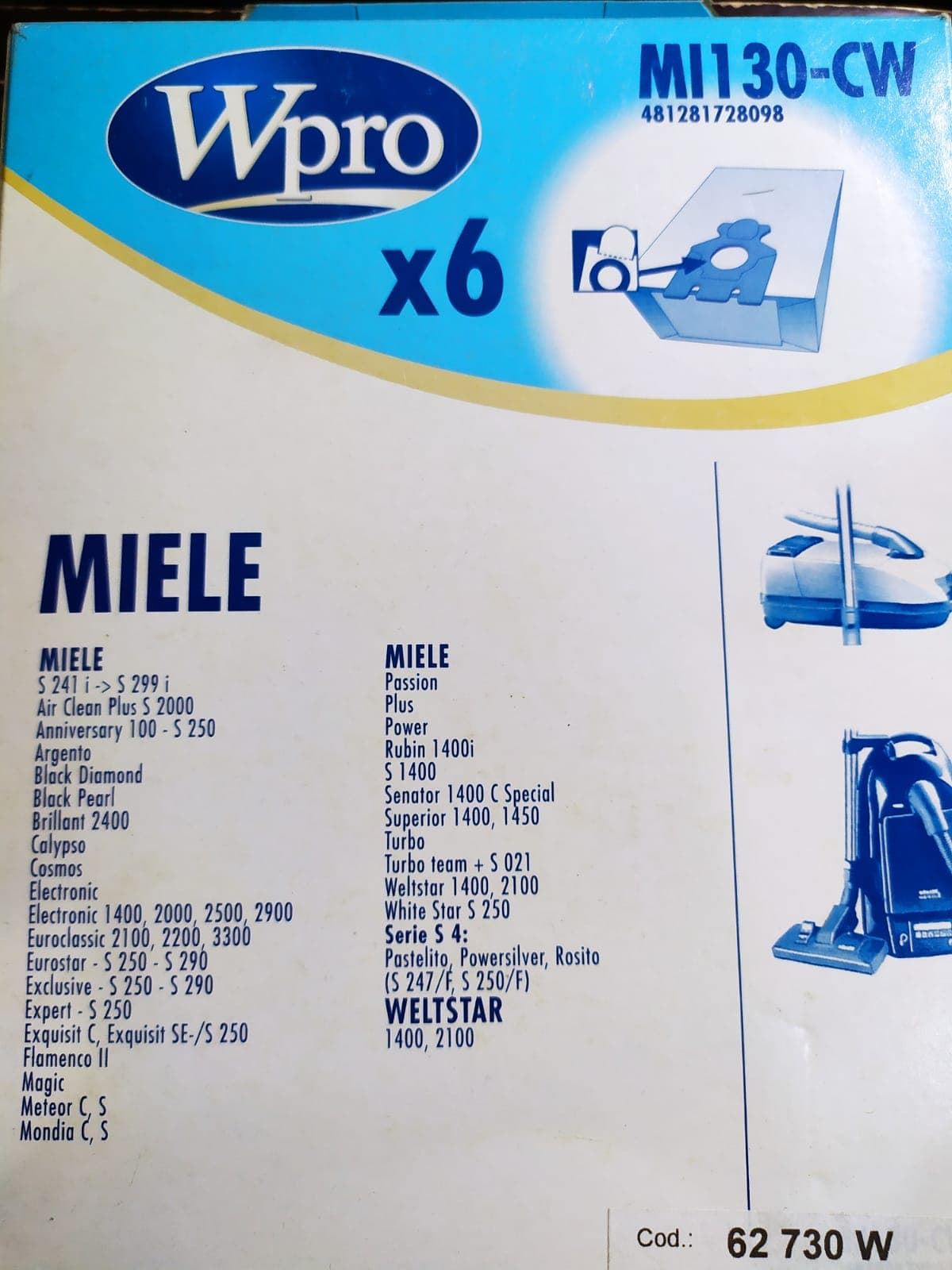 BOLSA ASPIRADOR MIELE, RECAMBIO ALTERNATIVO, MODELOS S1400,S241,S299I,S250,S2900, VER FOTO MODELOS MARCAS , PAQUETE 6 BOLSAS PAPEL+2FILTRO, 481281728098, MI130-CW - Imagen 1