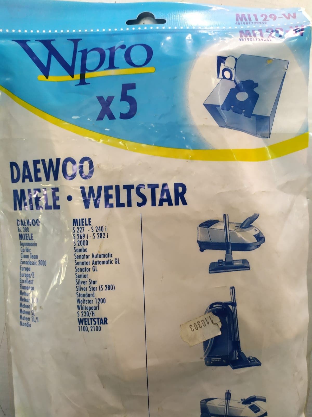 BOLSA ASPIRADOR MIELE, RECAMBIO ALTERNATIVO, MODELOS, S227,S240I,S269I,S282I,S2000, VER FOTO MODELOS MARCAS , PAQUETE 5 BOLSAS PAPEL+1FILTRO, 481981729252, MI129-WS - Imagen 1