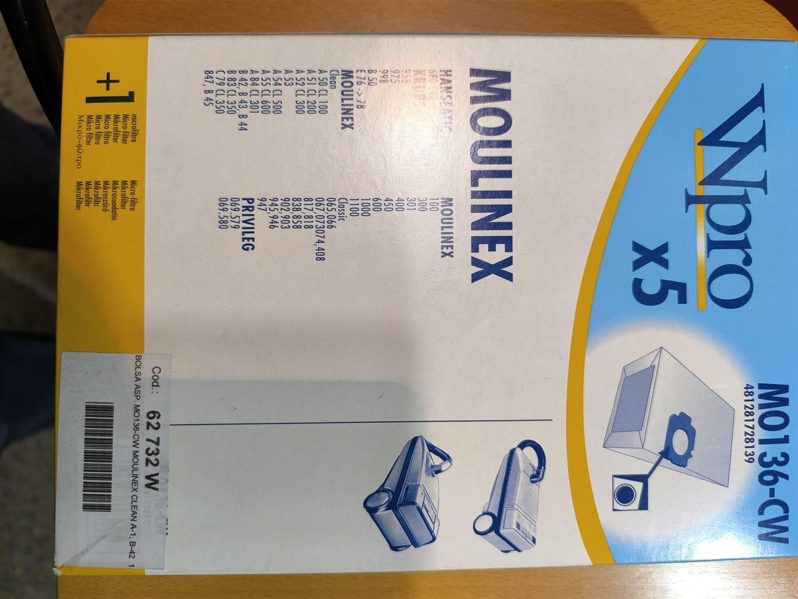 BOLSA ASPIRADOR MOULINEX, CAJA 5 BOLSAS+1FILTRO, VER FOTO MODELOS COMPATIBLES, MO136-CW - Imagen 1