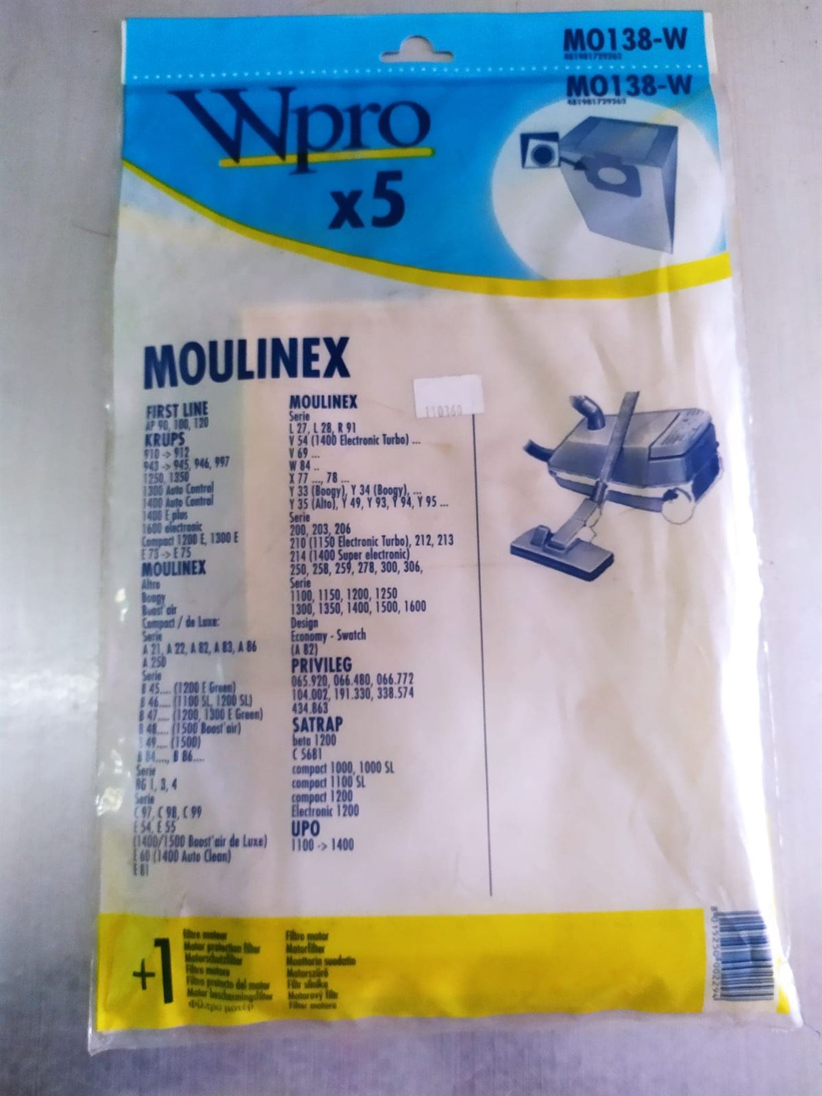 BOLSA ASPIRADOR MOULINEX, CAJA 5 BOLSAS, RECAMBIO ALTERNATIVO, VER FOTO MODELO MARCAS, MO138W, 110360 - Imagen 1