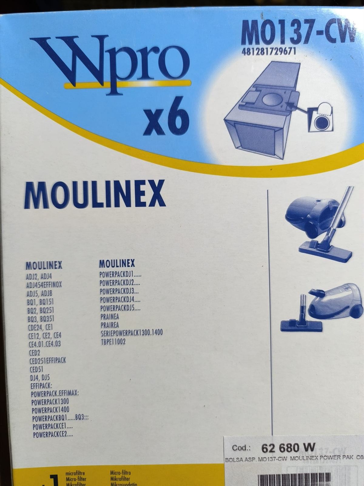 BOLSA ASPIRADOR MOULINEX, CAJA 6 BOLSAS, VER FOTO MODELOS COMPATIBLES,  MO137-CW - Imagen 1