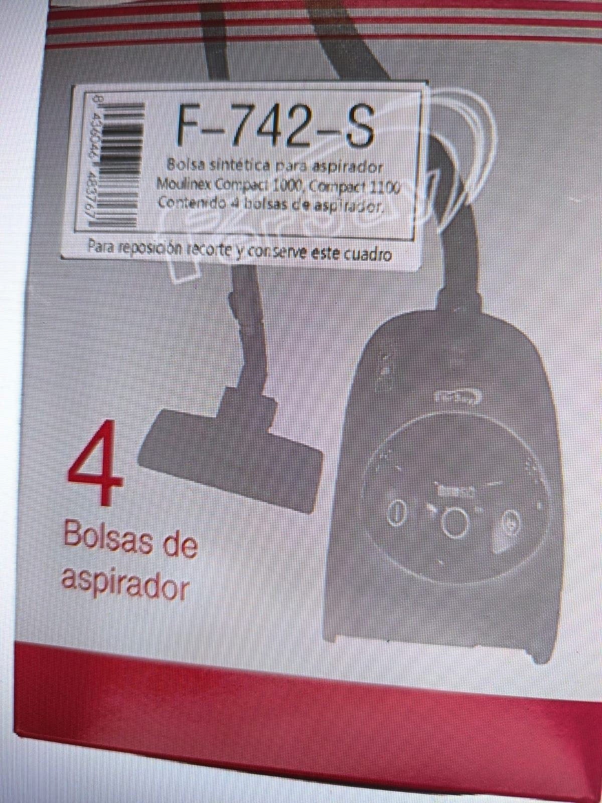 BOLSA ASPIRADOR MOULINEX, CAJA BOLSAS SINTETICAS, RECAMBIO ALTERNATIVO, Modelo Compact 1000, 1100,  F-742-S - Imagen 1
