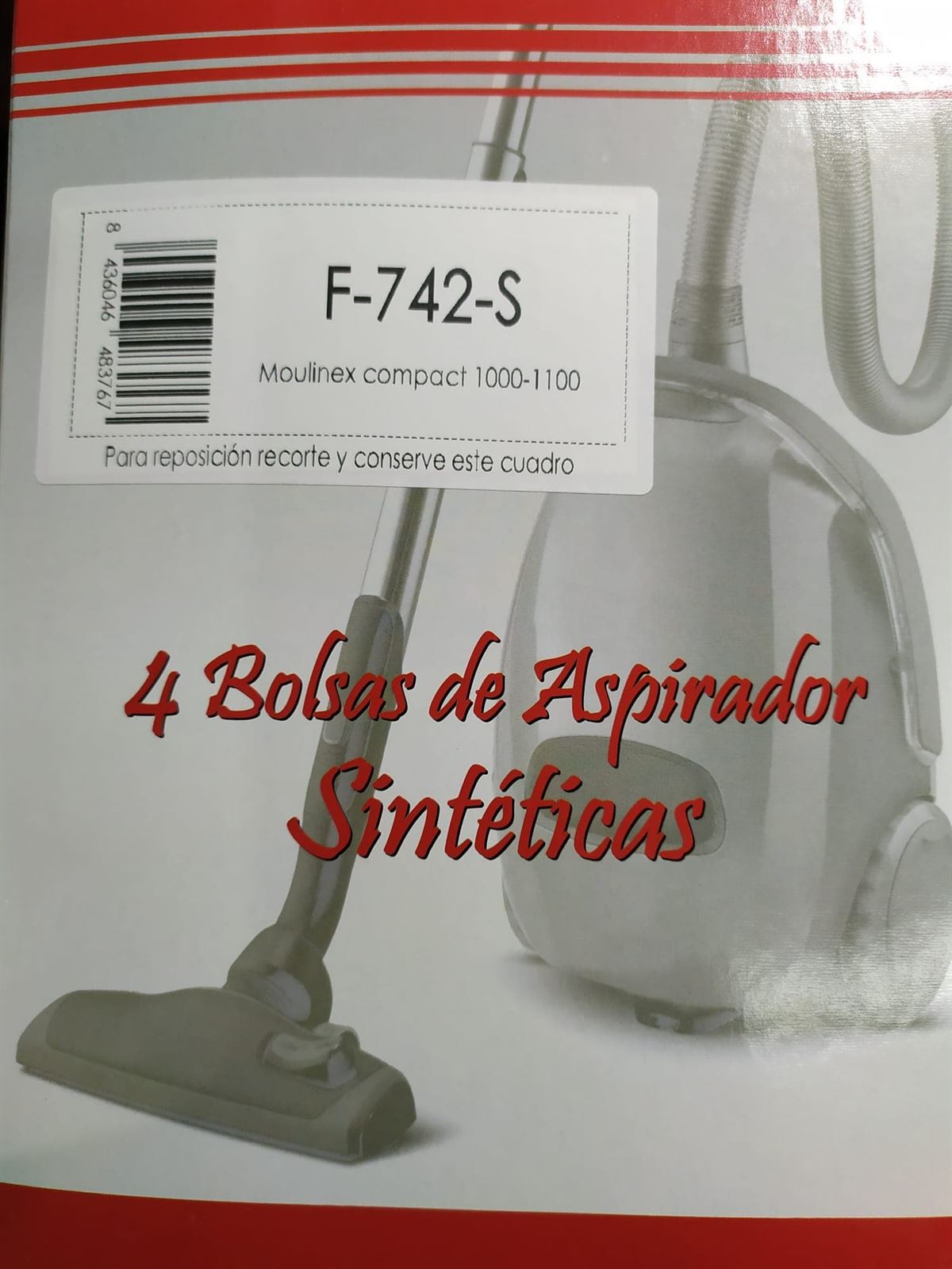 BOLSA ASPIRADOR MOULINEX COMPACT 1000-1100, CAJA 4 BOLSAS SINTETICAS, F-742-S - Imagen 2