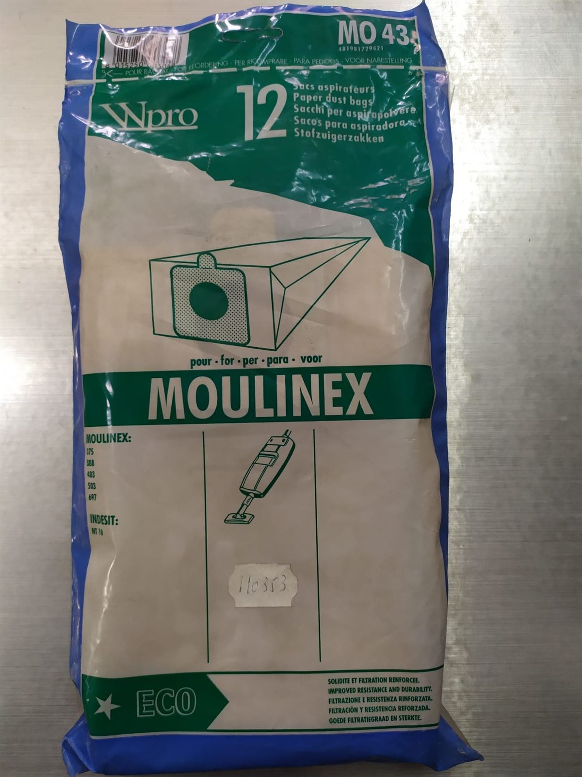 BOLSA ASPIRADOR MOULINEX, INDESIT, VER MODELOS FOTO, PAQUETE 12 BOLSAS, RECAMBIO ALTERNATIVO, 110353 - Imagen 1