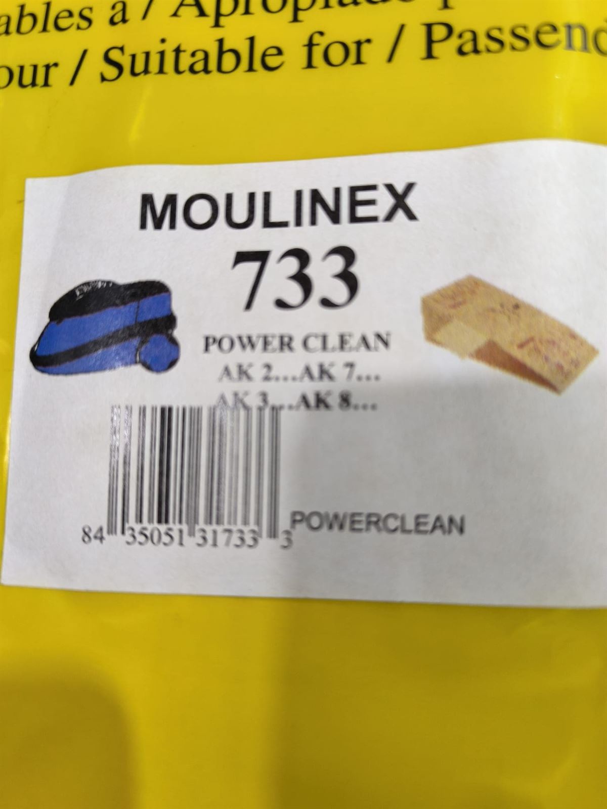 BOLSA ASPIRADOR MOULINEX, POWER CLEAN, CAJA 5 BOLSAS, AK2,AK7, CARTON 100/108/123,  F-733 - Imagen 2