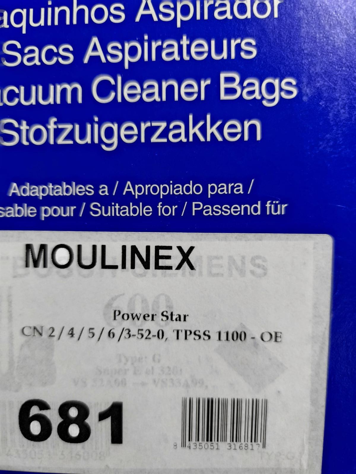 BOLSA ASPIRADOR MOULINEX, POWER STAR, VER MODELOS, PAQUETE 5 BOLSAS,  TPSS1100 - Imagen 1
