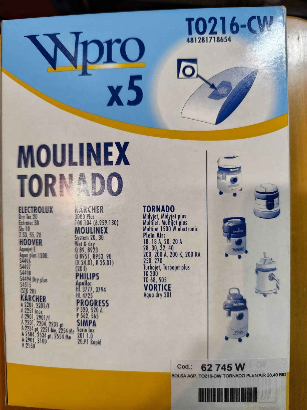 BOLSA ASPIRADOR MOULINEX, TORNADO, PAQUETE 5 BOLSAS, VER MARCAS, TO216-CW - Imagen 1
