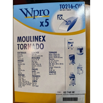 BOLSA ASPIRADOR MOULINEX, TORNADO, PAQUETE 5 BOLSAS, VER MARCAS, TO216-CW - Imagen 1