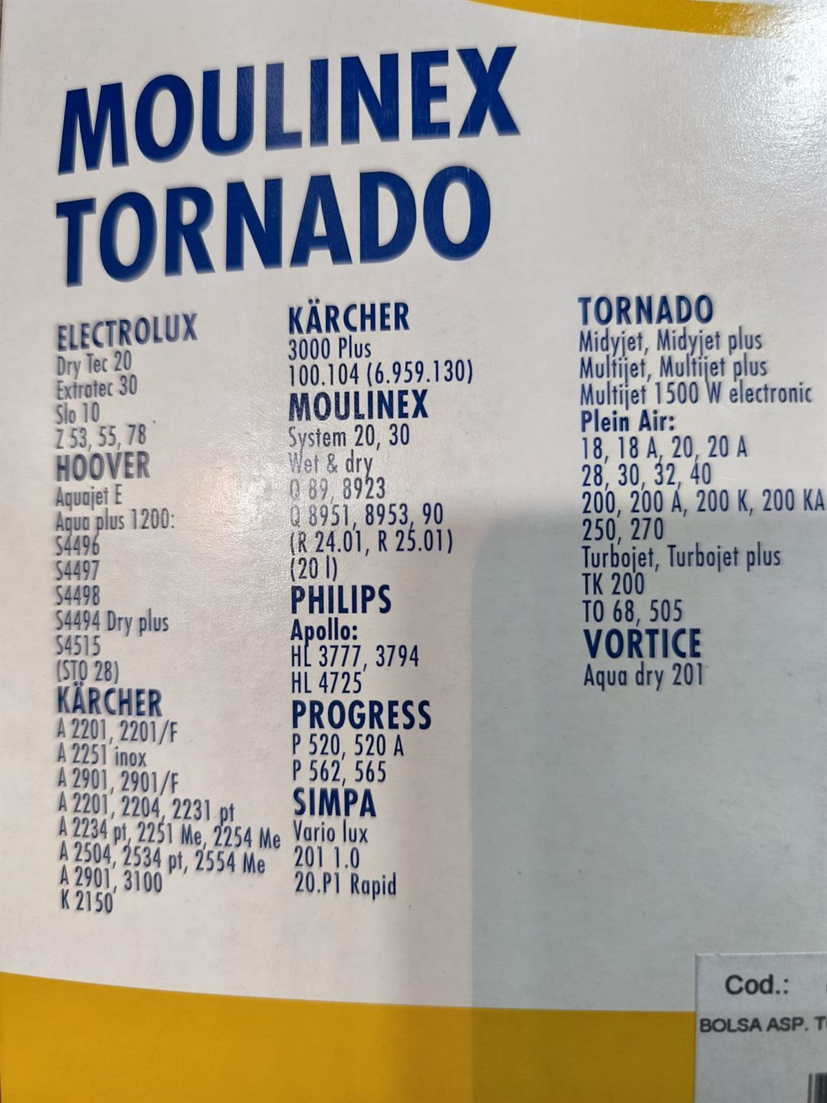 BOLSA ASPIRADOR MOULINEX, TORNADO, PAQUETE 5 BOLSAS, VER MARCAS, TO216-CW - Imagen 2