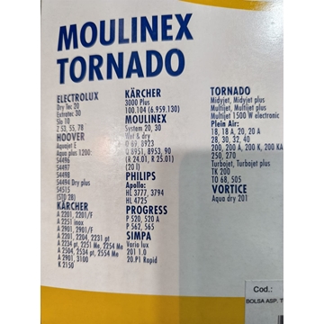 BOLSA ASPIRADOR MOULINEX, TORNADO, PAQUETE 5 BOLSAS, VER MARCAS, TO216-CW - Imagen 2