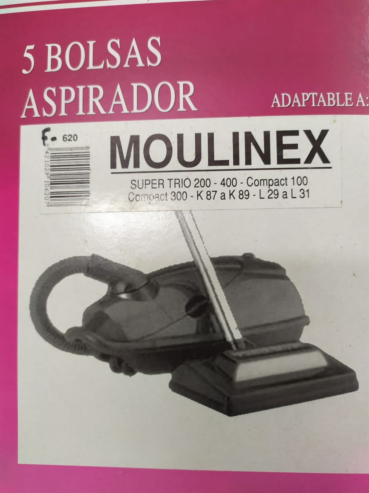 BOLSA ASPIRADOR MOULINEX, VER MODELOS FOTO, PAQUETE 5 BOLSAS, RECAMBIO ALTERNATIVO,  F-620 - Imagen 1