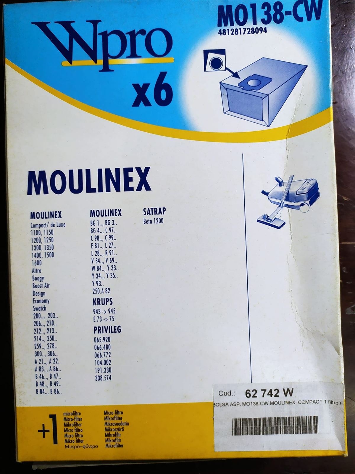 BOLSA ASPIRADOR MOULINEX, VER MODELOS MARCAS FOTO, PAQUETE 6 BOLSAS+1 FILTRO, RECAMBIO ALTERNATIVO, MO138-CW - Imagen 1