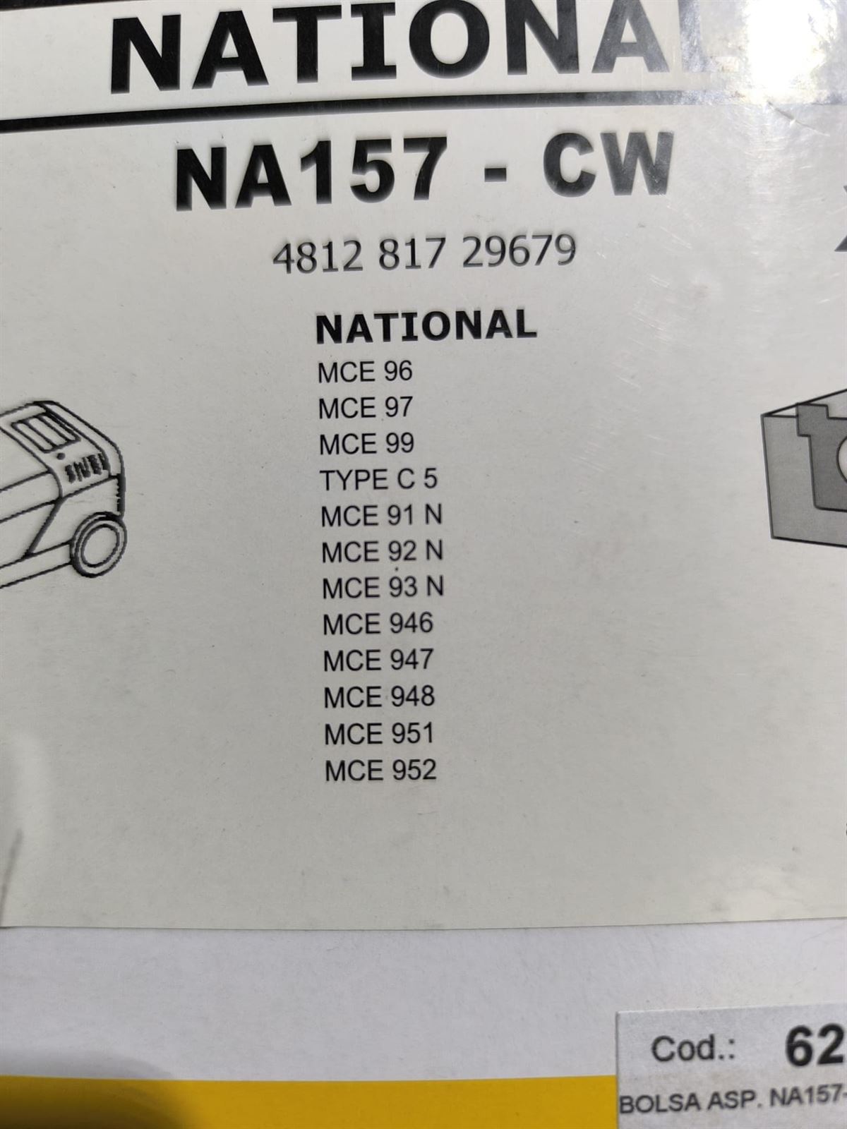 BOLSA ASPIRADOR NATIONAL, CAJA 5 BOLSAS, VA157-CW - Imagen 1