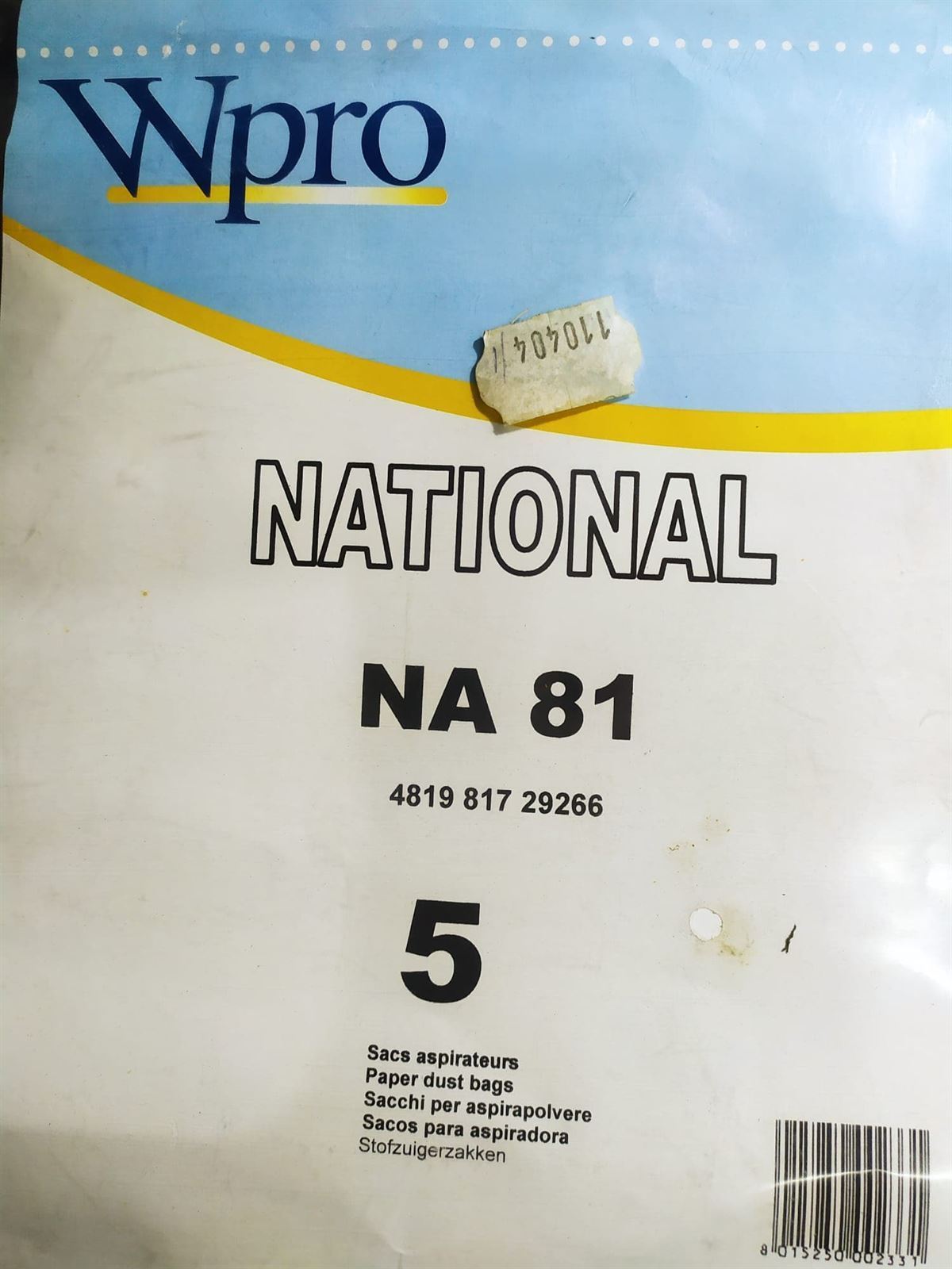 BOLSA ASPIRADOR NATIONAL, CAJA 5 UNIDADES BOLSA PAPEL, NA81, 110404 - Imagen 1