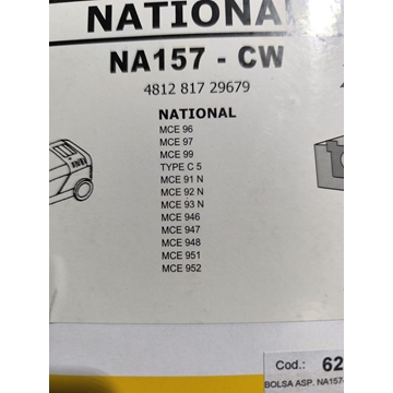 BOLSA ASPIRADOR NATIONAL, PANASONIC, CAJA 5 BOLSAS, CARTON 110MM, DIAMETRO 49MM, VA157-CW - Imagen 1