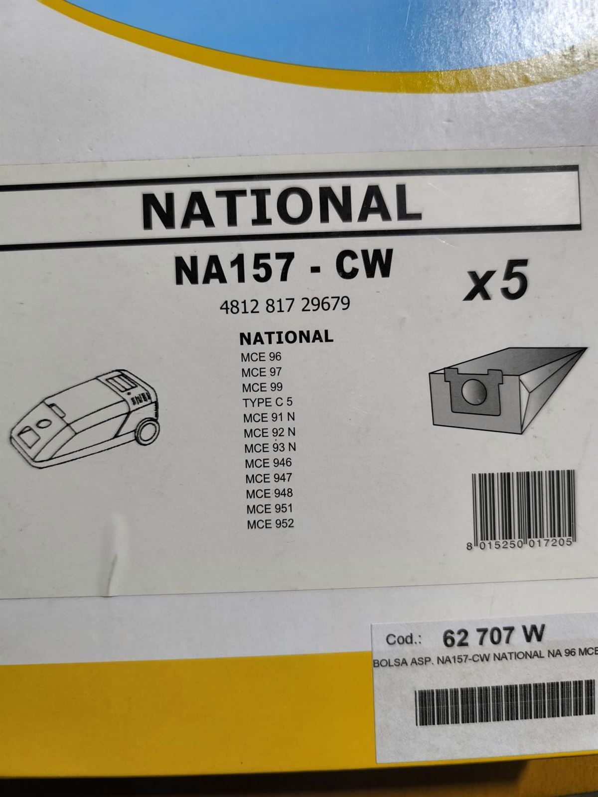 BOLSA ASPIRADOR NATIONAL, PANASONIC, CAJA 5 BOLSAS, CARTON 110MM, DIAMETRO 49MM, VA157-CW - Imagen 2
