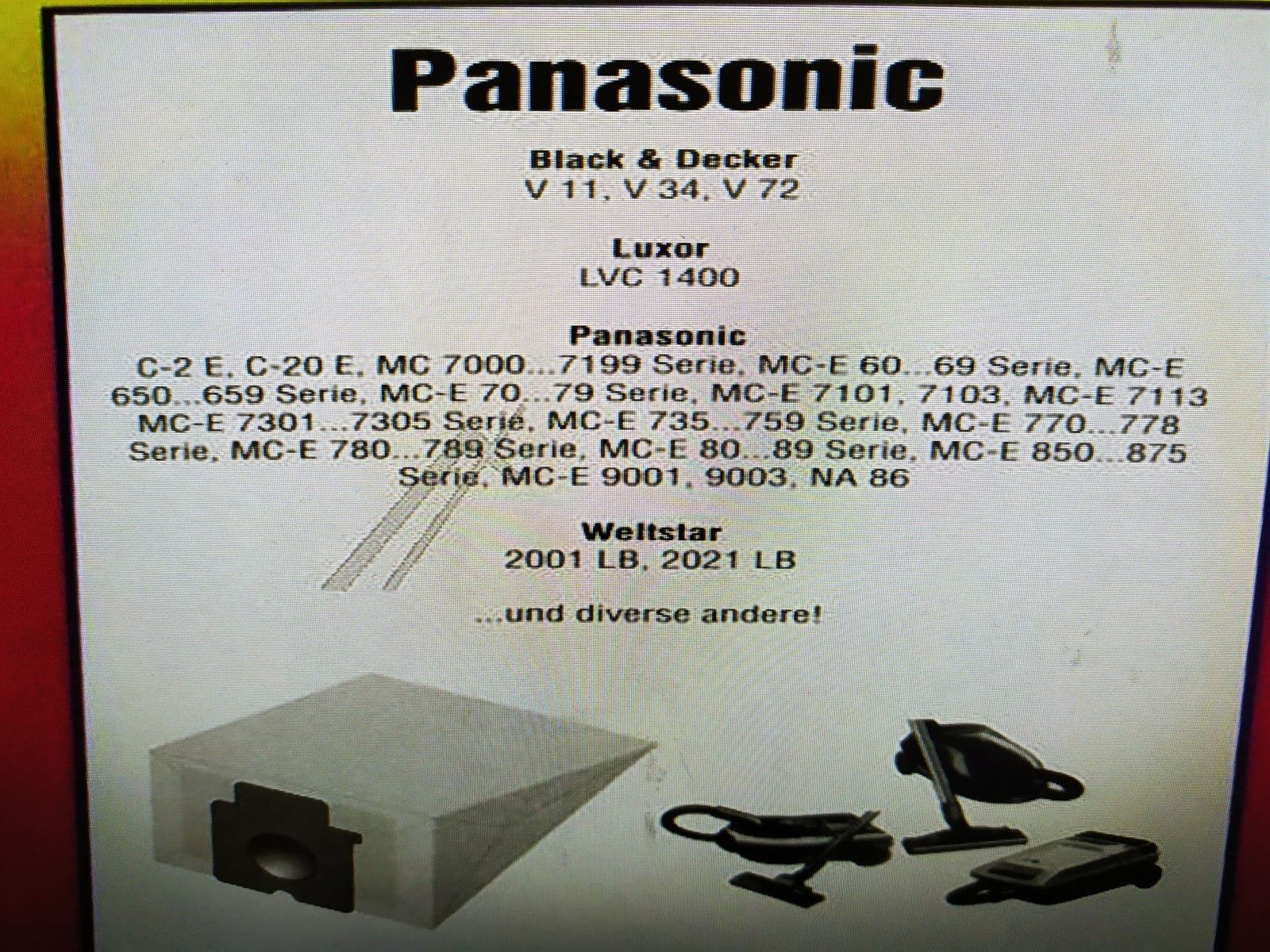 BOLSA ASPIRADOR PANASONIC, CAJA 4 UNIDADES+ 3 FILTROS, MC7000, VER MODELOS FOTO, CALIDAD ALTERNATIVA, 423740 - Imagen 1