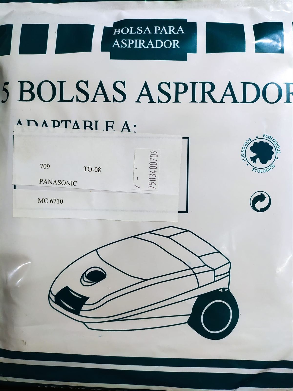 BOLSA ASPIRADOR PANASONIC, CAJA 5 UNIDADES, VER MODELOS FOTO, CALIDAD ALTERNATIVA, 7503400709 - Imagen 1