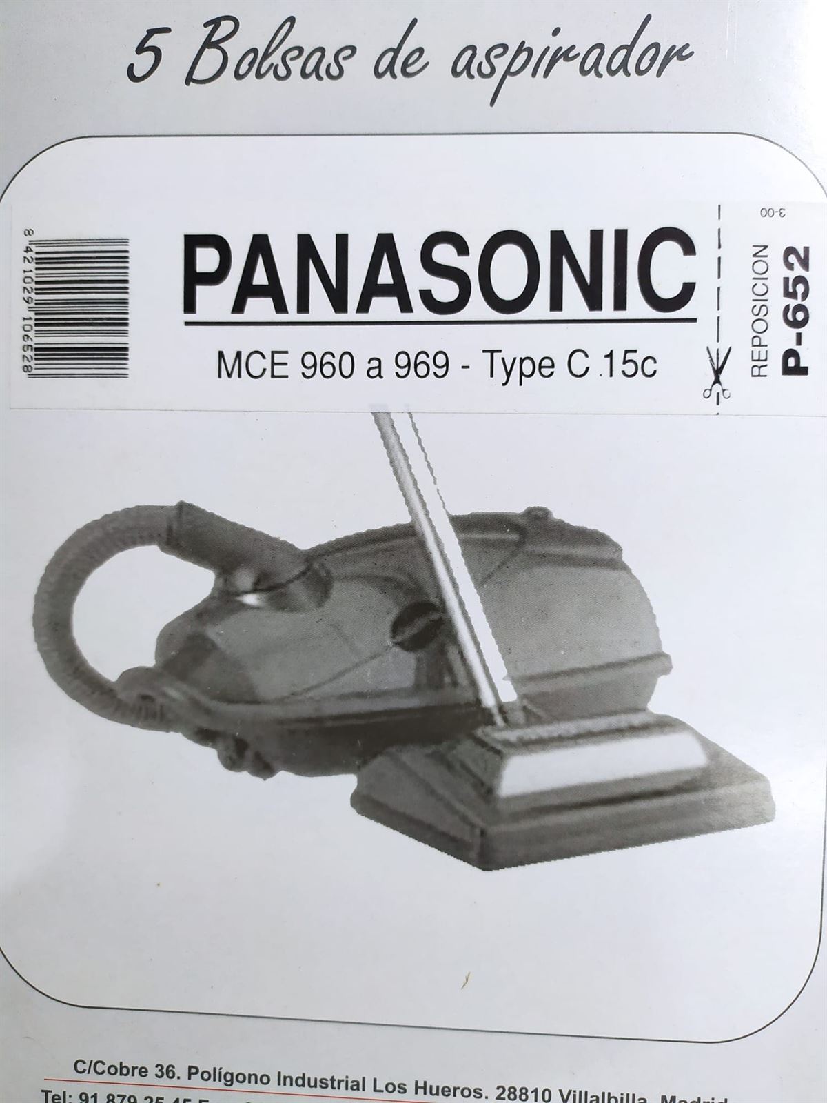 BOLSA ASPIRADOR PANASONIC, CAJA 5 UNIDADES, VER MODELOS, FOTO, CALIDAD ALTERNATIVA, P-652 - Imagen 1