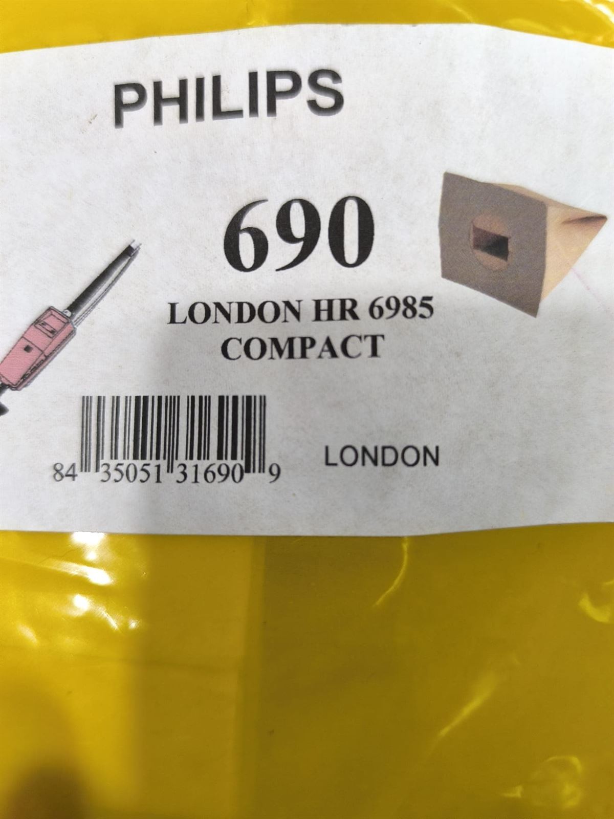 BOLSA ASPIRADOR PHILIPS, ASPIRADOR ESCOBA, CAJA 5 BOLSAS, RECAMBIO ALTERNATIVO, CARTON 108/117/85MM, DIAMETRO 47MM, HR6985 - Imagen 1