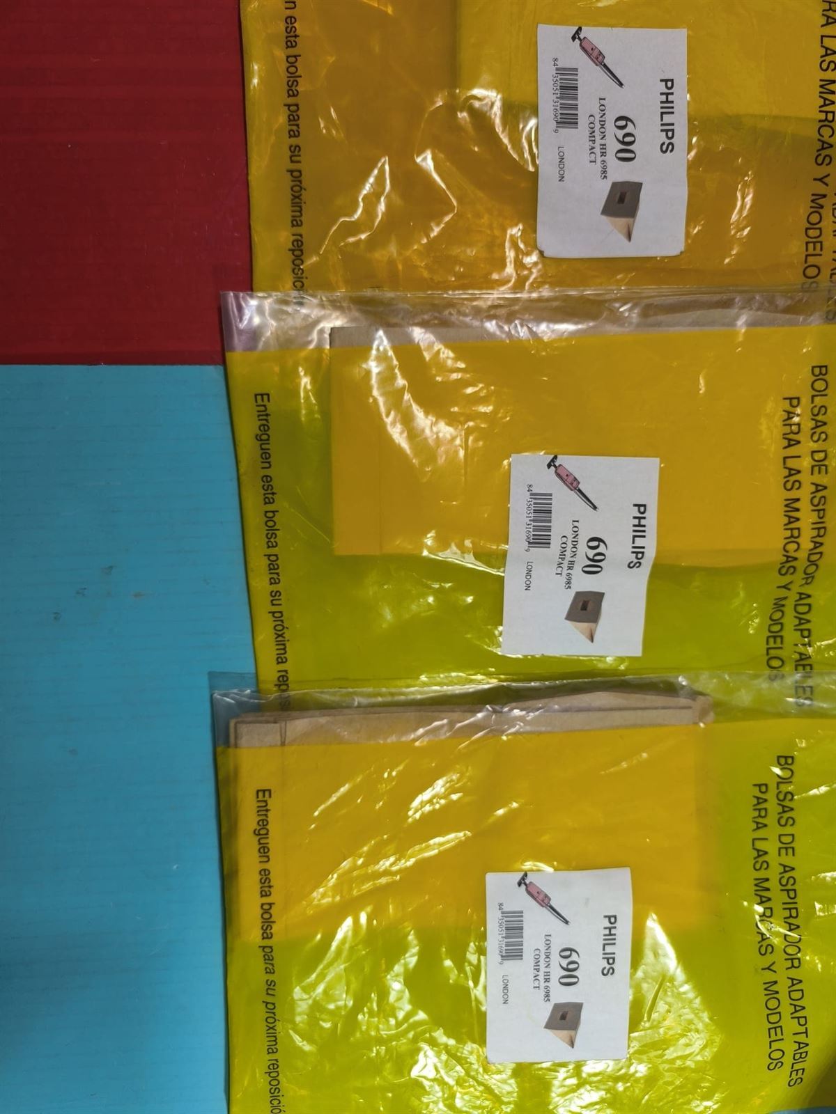 BOLSA ASPIRADOR PHILIPS, ASPIRADOR ESCOBA, CAJA 5 BOLSAS, RECAMBIO ALTERNATIVO, CARTON 108/117/85MM, DIAMETRO 47MM, KIT 3 CAJAS, HR6985 - Imagen 1