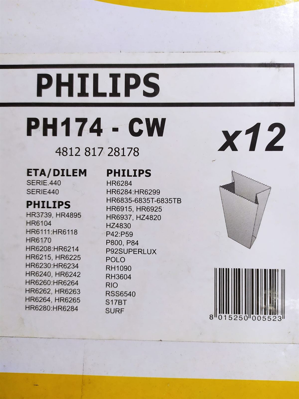 BOLSA ASPIRADOR PHILIPS, BOLSA 12 UNIDADES, FOTO MODELOS MARCA,    PH174CW - Imagen 1