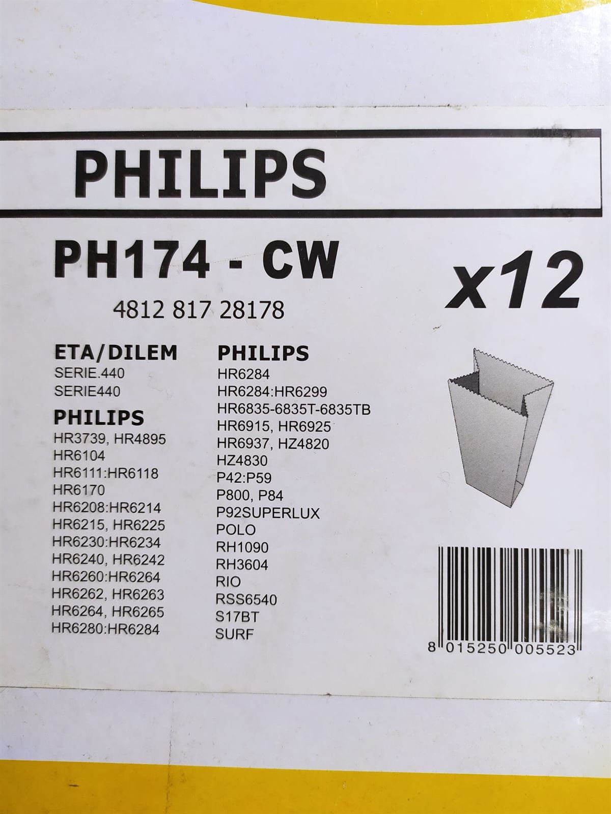 BOLSA ASPIRADOR PHILIPS, BOLSA 12 UNIDADES, FOTO MODELOS MARCA, PH174CW - Imagen 1