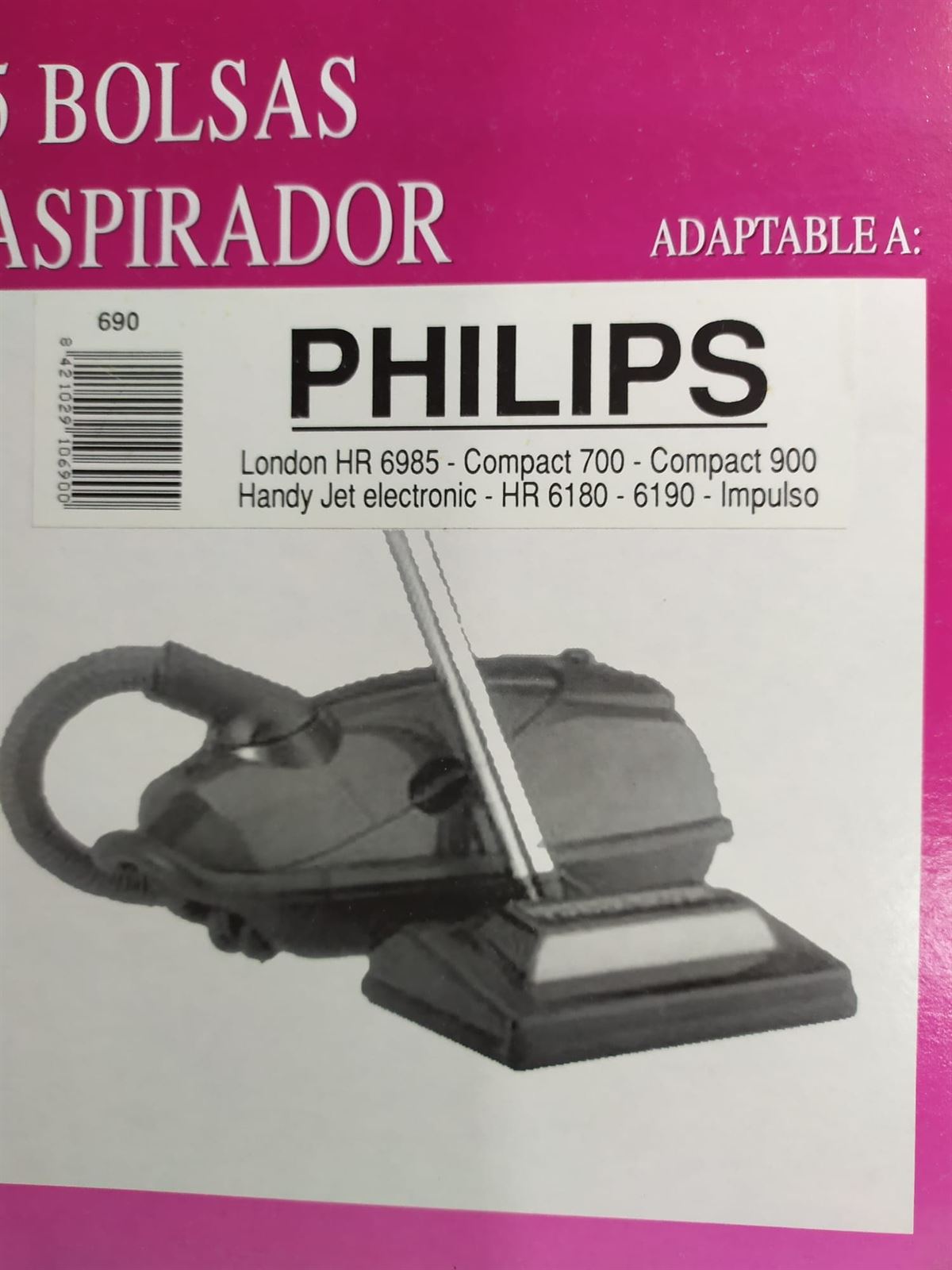 BOLSA ASPIRADOR PHILIPS, BOLSA 5 UNIDADES, CALIDAD ALTERNATIVA, F-690 - Imagen 1